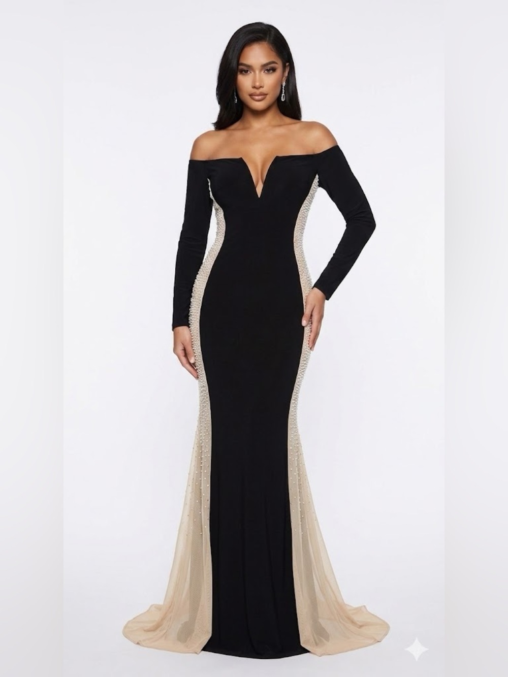 Xscape Black Off-Shoulder Long Sleeve Gown Crystal Embellishment Side Panels